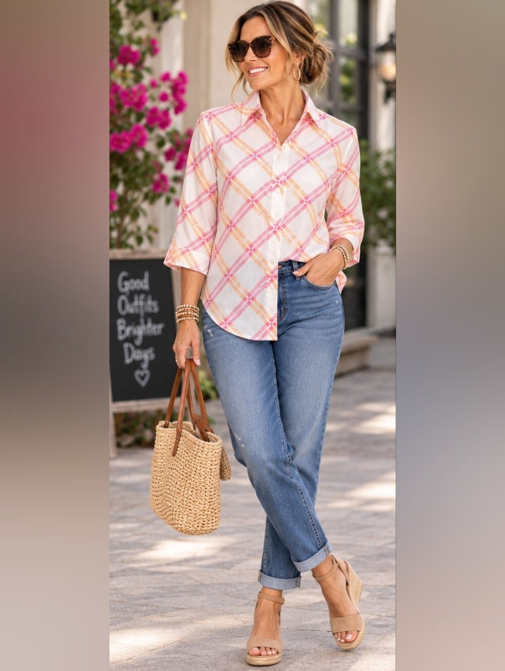 CHICO'S |  Pink & Orange Lattice-Geo Print Blouse | size Sm-M (CHICO's 0)